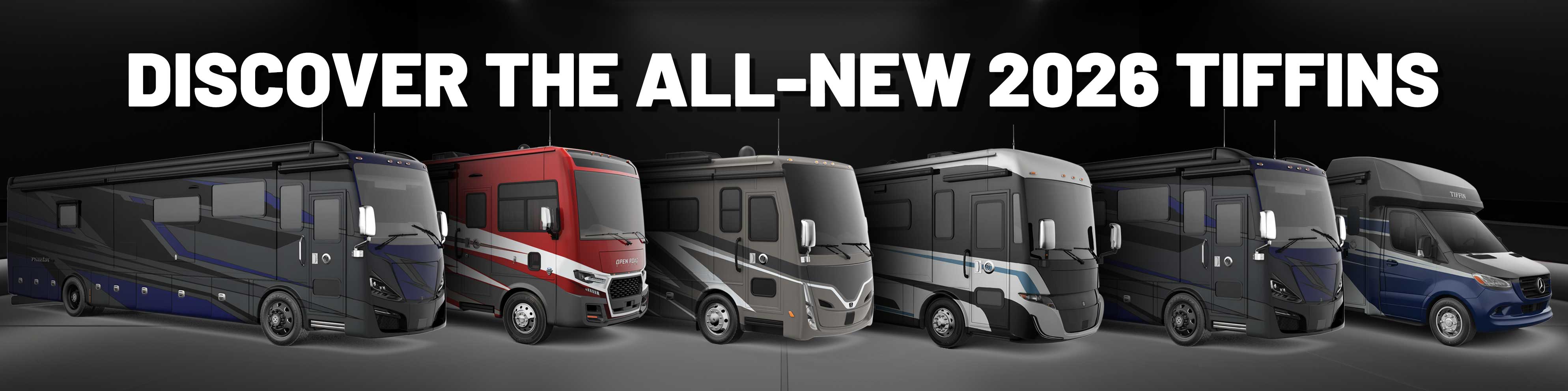 Lineup of all-new 2026 Tiffin motorhomes featured at the North Trail RV Center Open House.