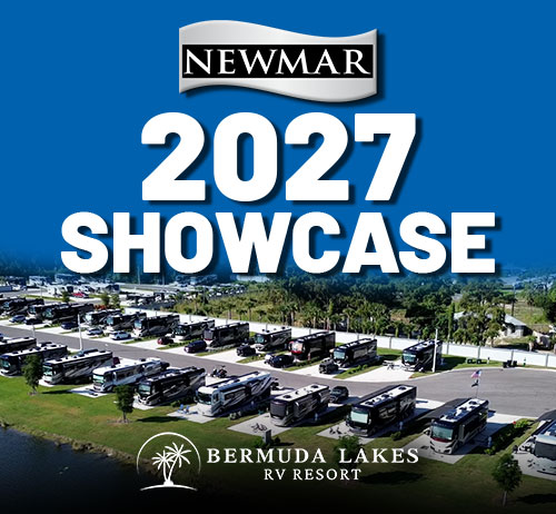 2027 Newmar motorhome lineup on display at Bermuda Lakes RV Resort featuring luxury Class A diesel coaches including Dutch Star, Mountain Aire, Essex and King Aire